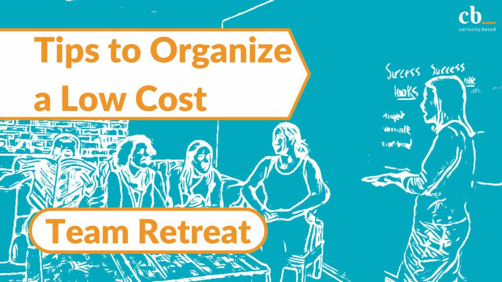 Title card on How to organize a low cost retreat with abstract illustration of a group of women meeting around a coffee table