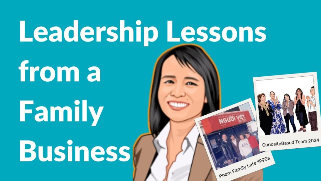 Title card for Leadership Lessons from a Family Business with illustrated woman with snap shot of a family photo from the 1980's