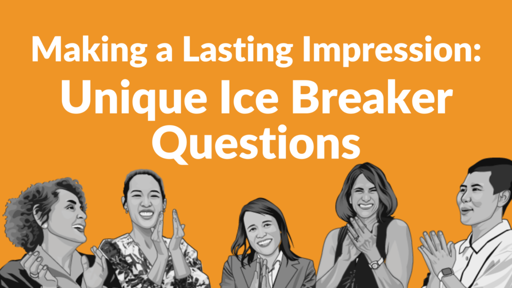 Title card for Unique Ice Breaker Questions featuring five illustrated ladies on an orange background