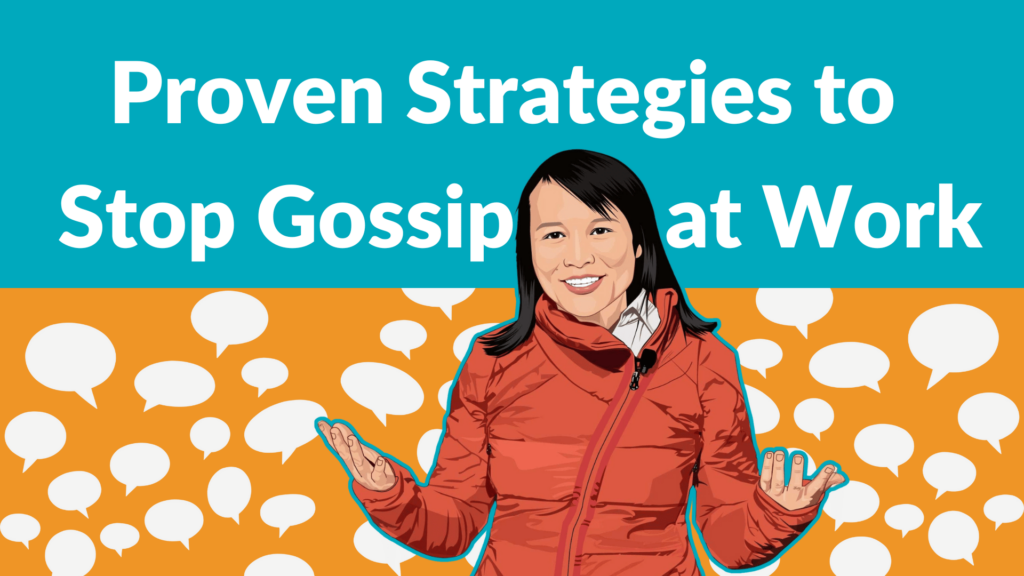 Title card for Proven Strategies to Stop Gossip at Work featuring an illustrated woman