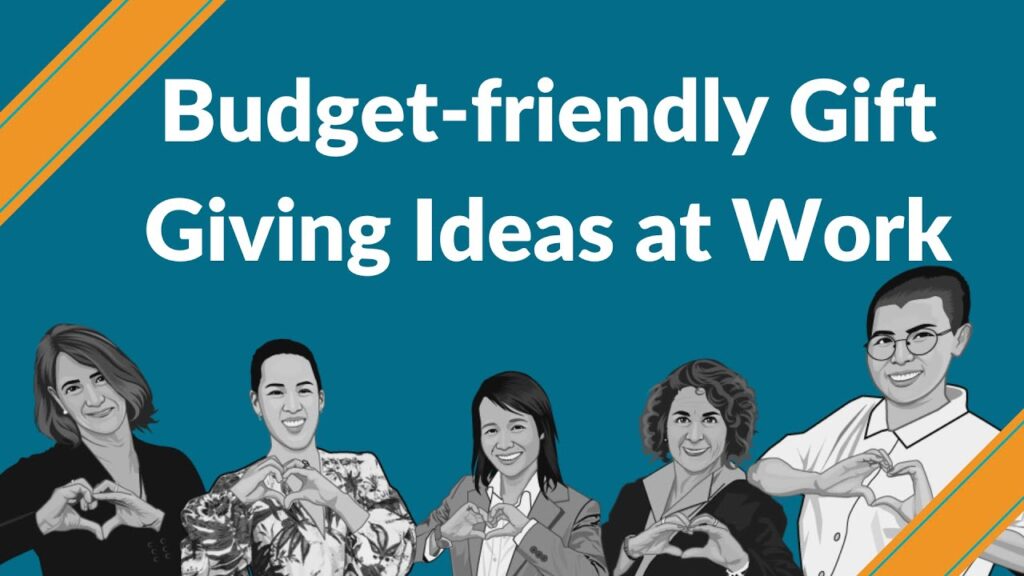 Title card for Budget-friendly Gift Giving Ideas at Work with illustrated image of five women making heart hands